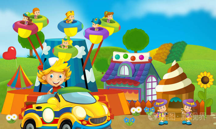 游乐场和儿童在一个五颜六色的建筑糖果店前的卡通场景-儿童插图