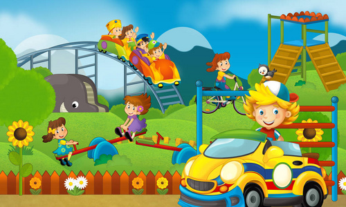 游乐场和儿童在一个五颜六色的建筑糖果店前的卡通场景-儿童插图照片