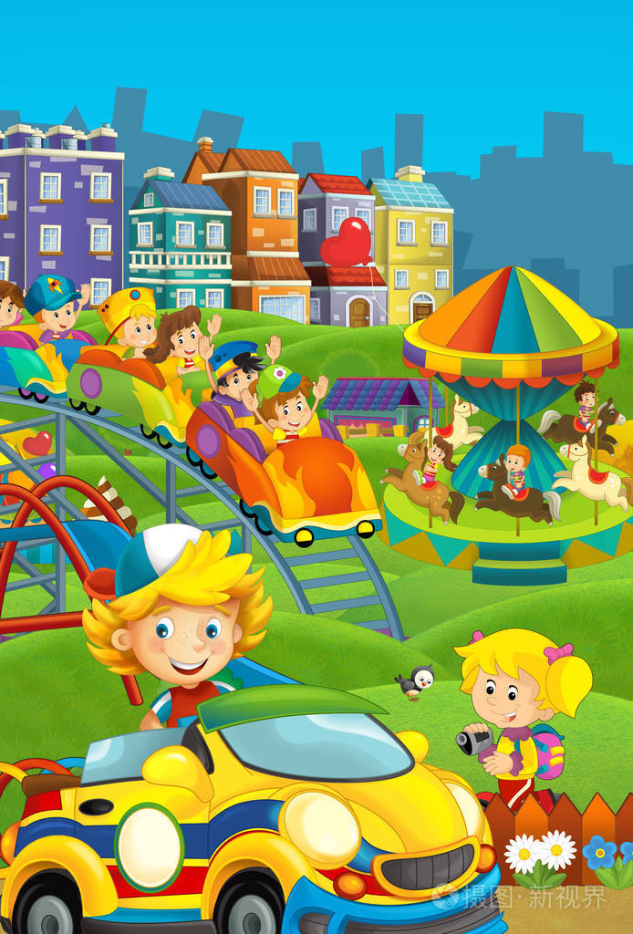 游乐场和儿童在一个五颜六色的建筑糖果店前的卡通场景儿童插图