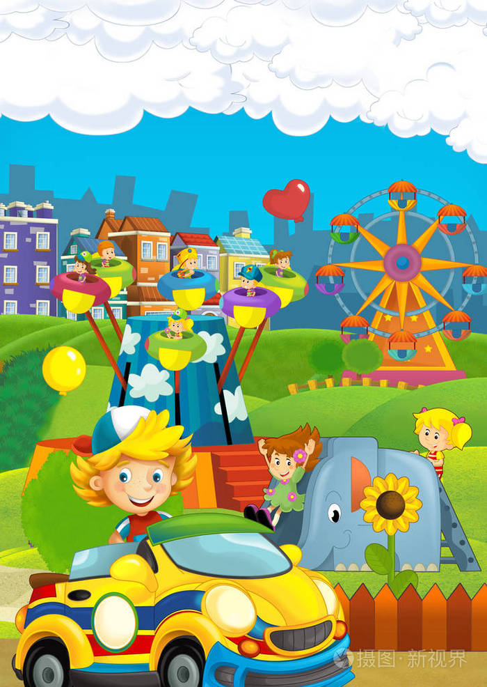 游乐场和儿童在一个五颜六色的建筑糖果店前的卡通场景儿童插图