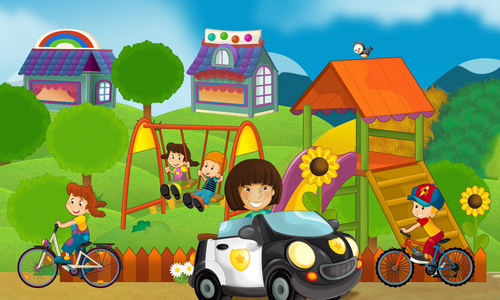 游乐场和儿童在一个五颜六色的建筑糖果店前的卡通场景儿童插图