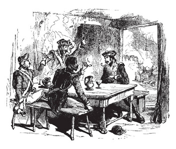 一群男人围着桌子吸烟，老式线条画或雕刻插图