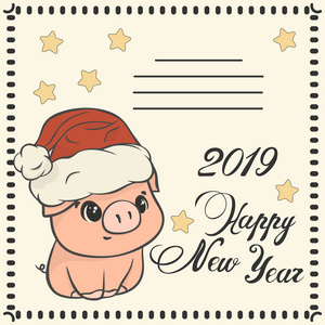 s hat and congratulation Happy New Year 2019. Cartoon piggy Chil