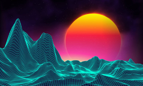 复古音乐专辑封面模板太阳, 空间, 山脉.80s 复古科幻背景夏季景照片