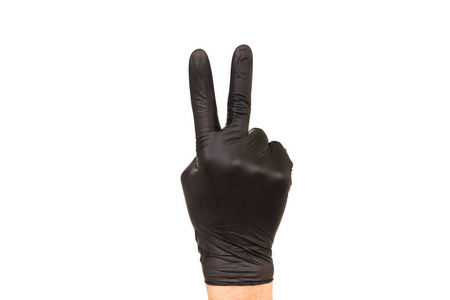 男性和女性手在不同颜色的橡胶手套中隔离在白色背景上，显示不同的手势