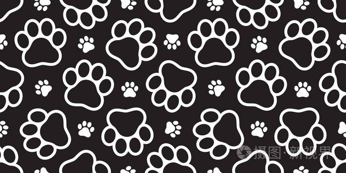 狗爪无缝图案矢量足迹小猫小狗卡通片隔离重复墙纸插图黑色