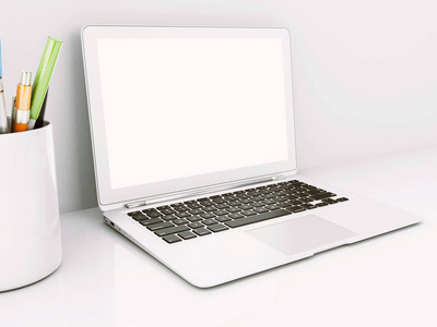 三维插图。桌面工作区上有白色屏幕的笔记本电脑。工作理念。把他锁起来。