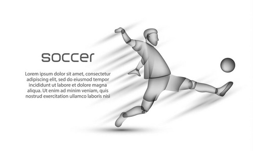 足球运动员与球在行动。足球横幅与一个白色背景的足球运动员的透明黑色剪影