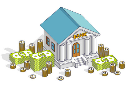 银行大楼与美元和硬币堆叠隔离在白色背景上