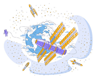 空间站绕地线飞行轨道飞行三维矢量插图.照片