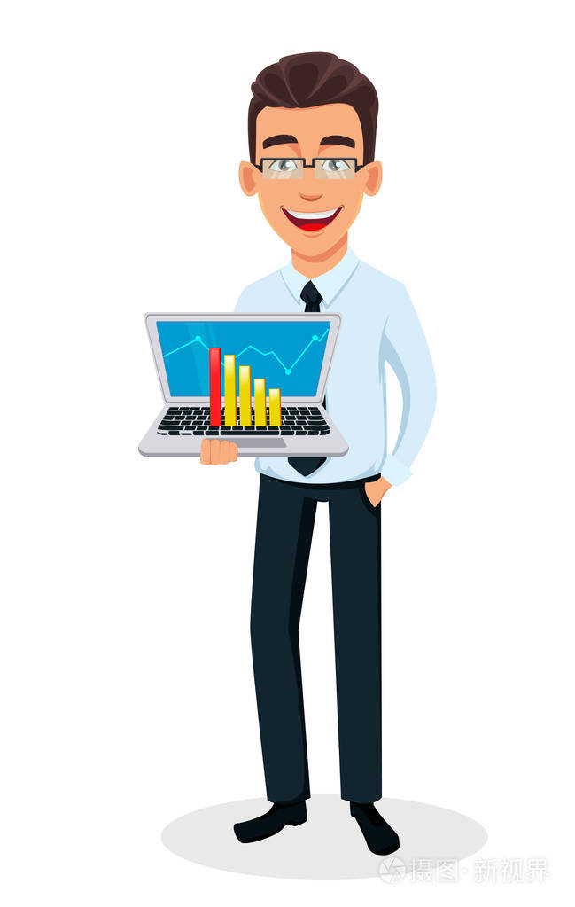 商人卡通人物手持笔记本电脑与图表.
