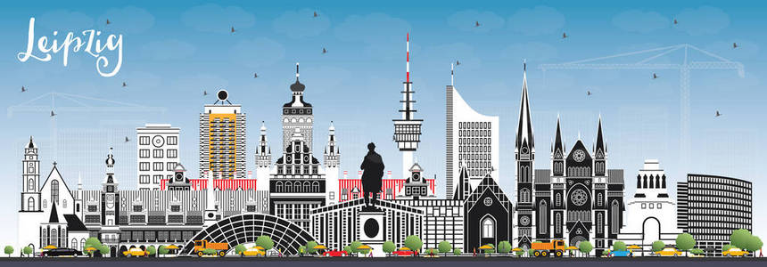 莱比锡德国城市天际线灰色建筑和蓝天。 矢量图。 具有历史建筑的商务旅游和旅游理念。 莱比锡城市景观与地标。