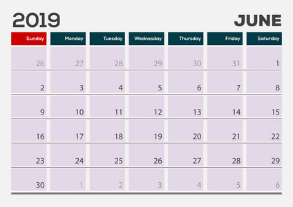 2019年6月。日历规划器设计模板