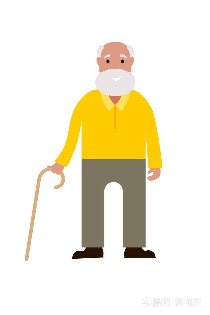 老人手拿拐杖老人背痛老人生病老人疾病病媒插图平面设计风格