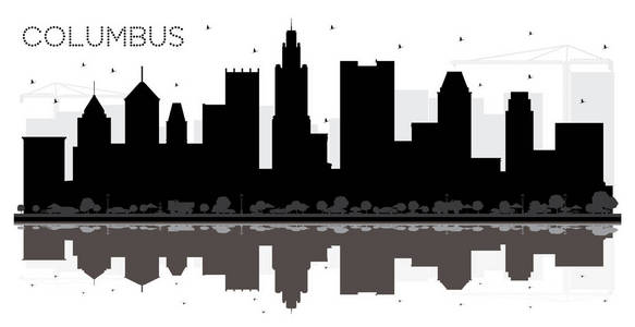 哥伦布俄亥俄州城市天际线黑白轮廓与反射。 简单的平面概念旅游展示横幅标语或网站。 哥伦布市景有地标。