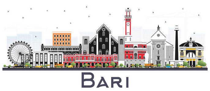 巴里意大利城市天际线与灰色建筑隔离在白色。 矢量图。 现代建筑的商务旅游和旅游理念。 巴里城市景观与地标。