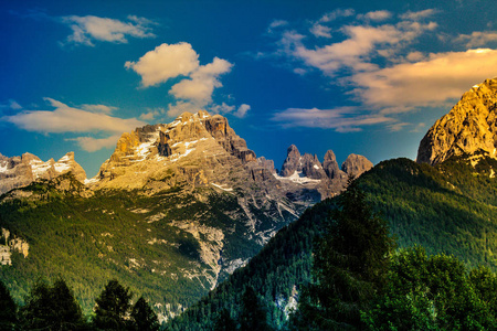 夏天有山顶和杉树的山景