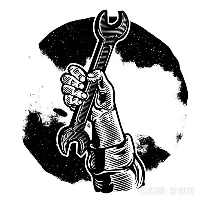 矢量凸起用力紧握拳头扳手老式插图