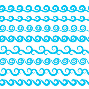 蓝色海浪矢量无缝边界水平水元素或潮汐线收集。 一套装饰重复的波浪隔板框架或刷子隔离在白色背景上