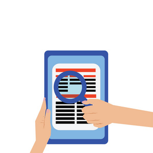 平面设计业务向量插图邀请贺卡促销海报的空白模板人手握住放大镜阅读文章或在 Tablet 上搜索数据