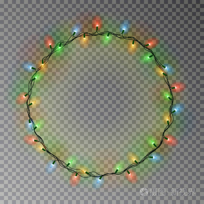花环花环装饰品。圣诞彩灯环与孤立的发光灯元素。发光 s