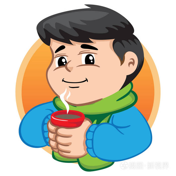 插图描绘了一个儿童角色,用冬天的衣服喝热饮料.