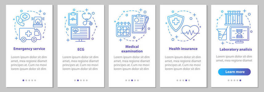 医学和医疗入职移动应用程序页面屏幕与线性概念