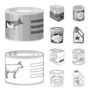 罐头和食物标志的载体设计。罐头和包装股票载体例证的汇集