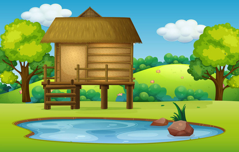 池塘自然场景插图中的小屋
