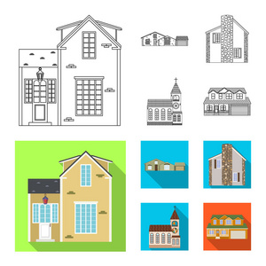 建筑物和前面符号的孤立对象。股票的建筑和屋顶矢量图标集合