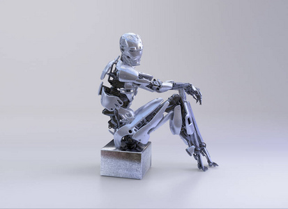 一个男性人形机器人, android 或机器人, 坐在工作室背景。3d 插图