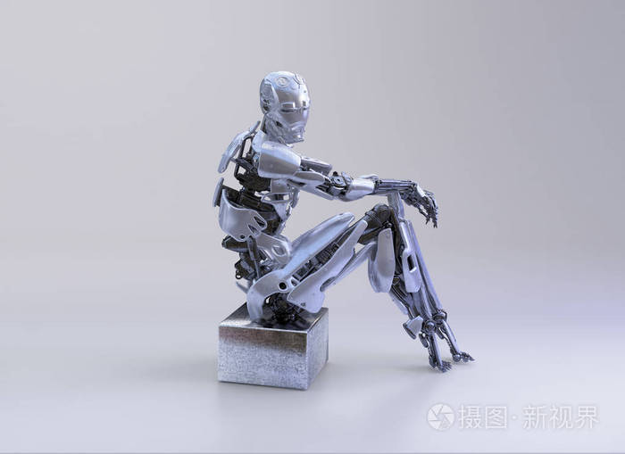 一个男性人形机器人, android 或机器人, 坐在工作室背景。3d 插图照片