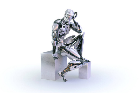一个男性人形机器人, android 或机器人, 坐下来, 思考或计算在白色演播室背景。3d 插图