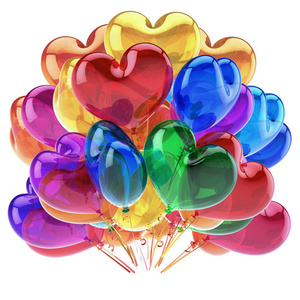心脏气球五颜六色的派对装饰红色，蓝色，橙色，绿色，半透明。 浪漫的生日装饰光泽五彩。 节日庆祝爱贺卡。 3D渲染