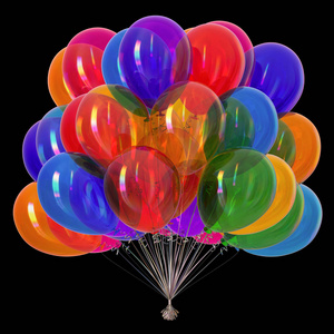 派对气球闪闪发亮。 五颜六色的生日五颜六色的装饰。 氦气球束有光泽的不同颜色。 节日周年庆祝贺卡。 3D渲染隔离在黑色
