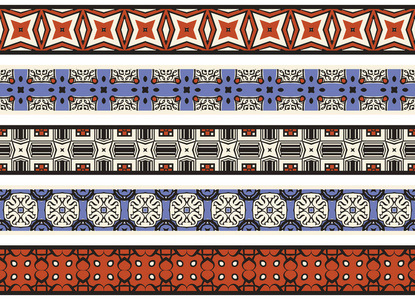 由抽象元素组成的五个插图装饰边框，用米色蓝色黑色和红色制成