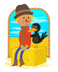 稻草人和乌鸦坐在干草堆上的可爱剪贴画. eps10照片