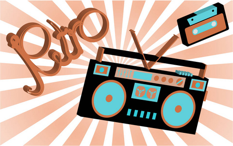 老式复古嬉皮士是一个时髦的等距音乐录音录音机, 收听的录音带从 70, 80, 90 的背景下, 太阳抽象射线。矢量插图