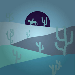 矢量图。 卡通沙漠与剪影仙人掌和山旅行非洲景观平面风格设计的蓝色中性和紫色。