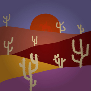 手绘矢量插图。 用仙人掌绘制南美洲沙漠的草图。 草原景观上紫色和红色。