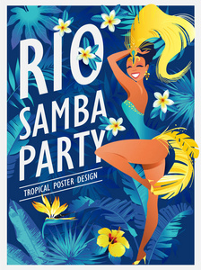 快乐的女孩跳舞桑巴美丽的巴西女人穿着节日服装，在丛林背景上有明亮的羽毛矢量插图。