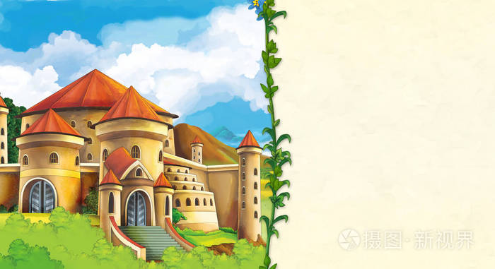 卡通场景,山上有美丽的中世纪城堡,有空间为儿童提供文字插图