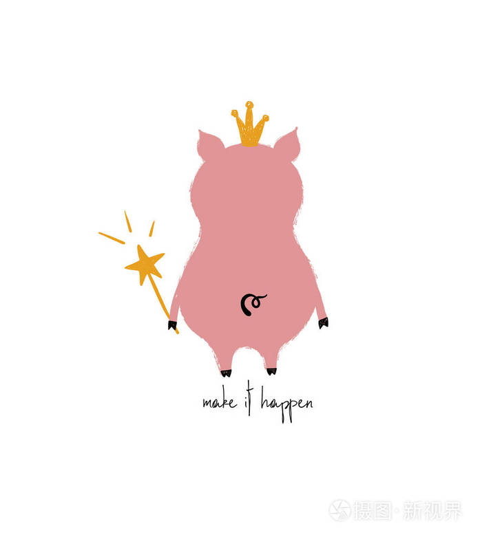 戴着皇冠的可爱的粉红色小猪转过身来,拿着一根魔杖.