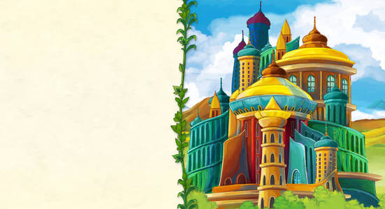 卡通场景,山上有美丽的中世纪城堡,有空间为儿童提供文字插图照片