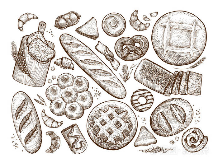 面包烘焙食品素描. 面包店的概念. 白色背景中分离的老式矢量插图