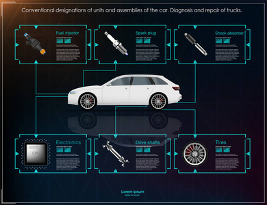 货运和运输的信息图表。汽车信息图表模板。 抽象虚拟图形触摸用户界面。 汽车诊断。