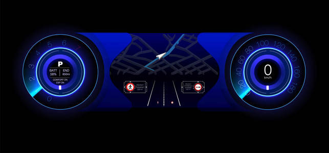 未来的汽车仪表板。 混合动力车。 诊断和消除故障。 蓝色。 哈德风格。 矢量图像。