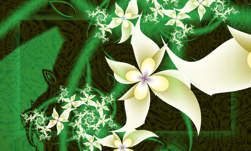 计算机生成3D分形。一个大胆的数字花卉插图。白色的花在绿色纹理背景上。