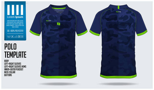 蓝色迷彩渐变Polot恤运动模板设计的足球球衣，足球套装或运动服。运动制服前视和后视。运动俱乐部的T恤造型。矢量插图。