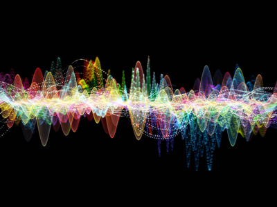 波函数系列。彩色正弦振动光和分形元素的背景设计，用于声音均衡器音乐谱和量子概率
